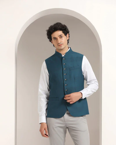 Stripe_Formal_Bandhgala_Waistcoat_In_Teal_Korlan-CVNM0738T1HA23FL-image1