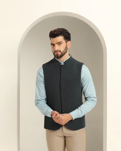 Textured_Formal_Bandhgala_Waistcoat_In_Bottle_Green_Echo-CVNM0743D2HA23FL-image1