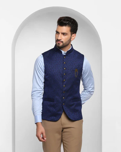 printed-formal-bandhgala-waist-coat-in-navy-jacqlin-blackberrys-clothing-1